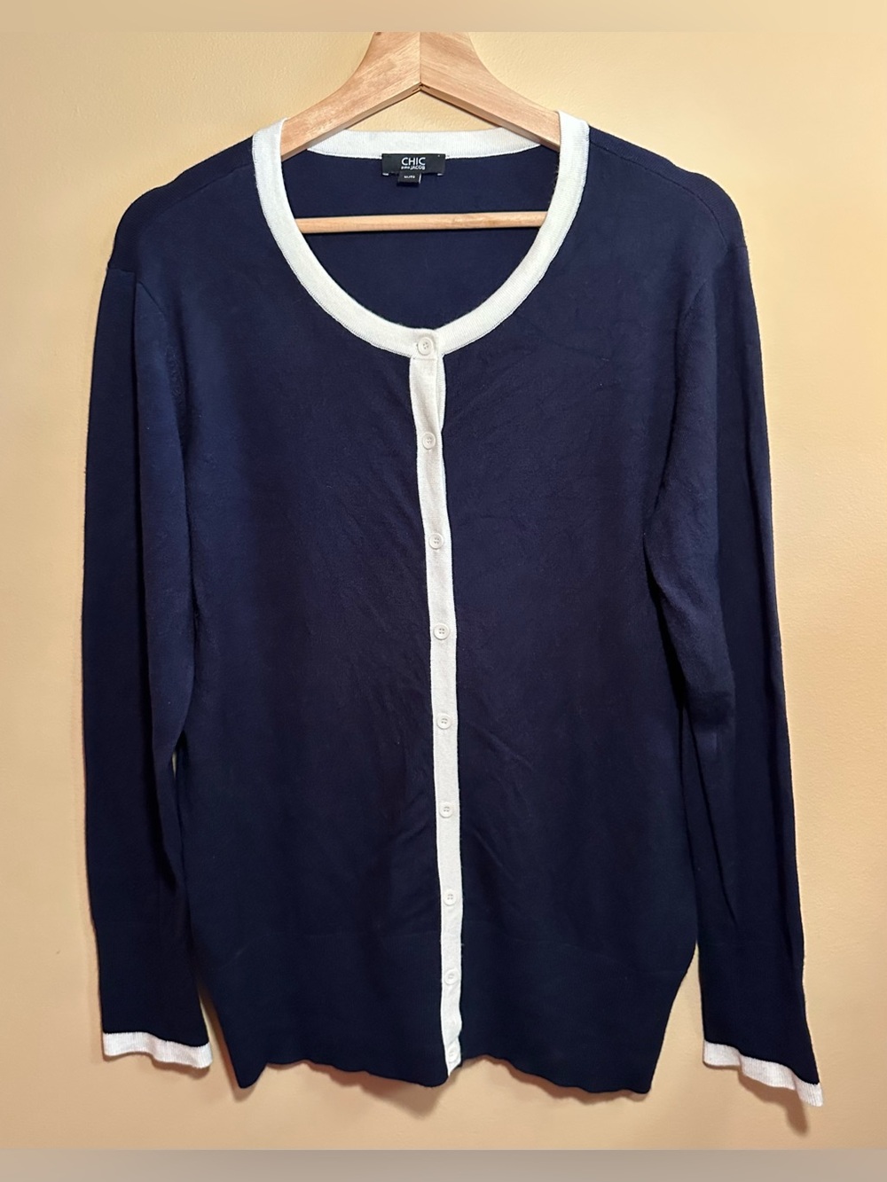 blue and white cardigan